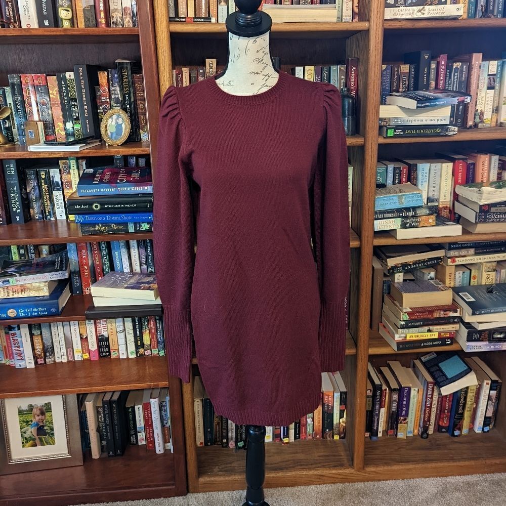 WAYF maroon puff sleeve sweater dress sz xs nwt